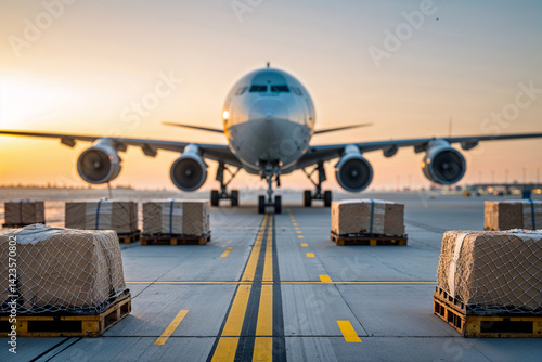 A massive cargo plane awaits loading at dawn, its shadow cast over neatly stacked pallets ready for global delivery, bathed in soft morning light.