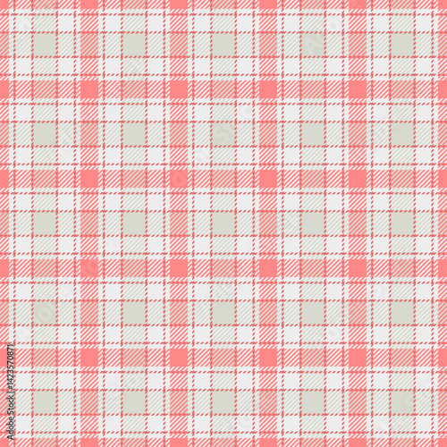Classic plaid pattern in soft coral and neutral tones. Versatile for backgrounds, textiles, or designs needing a timeless, cozy, and comforting feel.