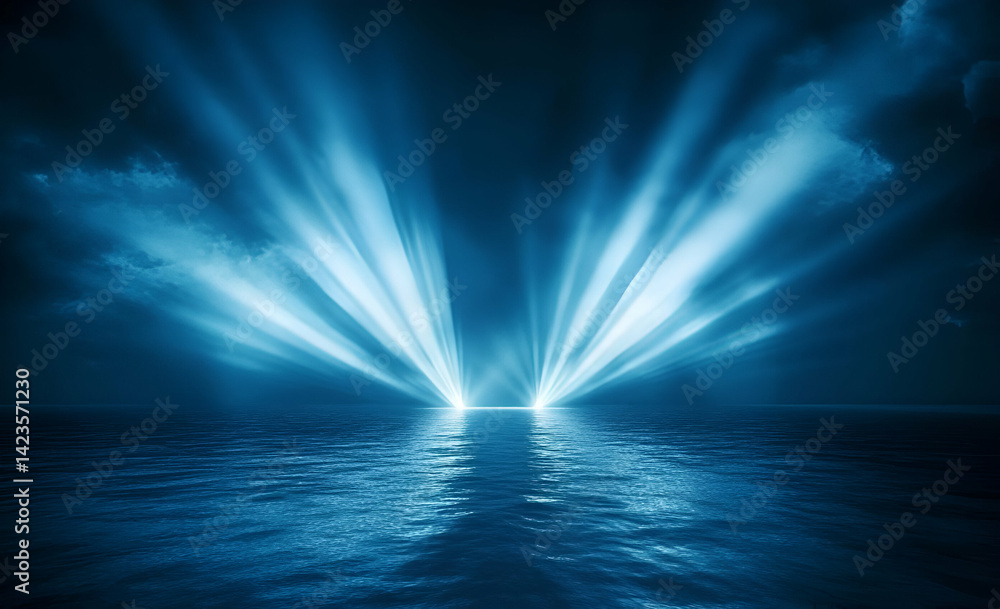 A stunning display of light beams illuminating the ocean at night, creating a serene and mystical atmosphere that captures natural beauty. A stunning display of light beams illuminating the ocean at night, creating a serene and mystical atmosphere that captures natural beauty.