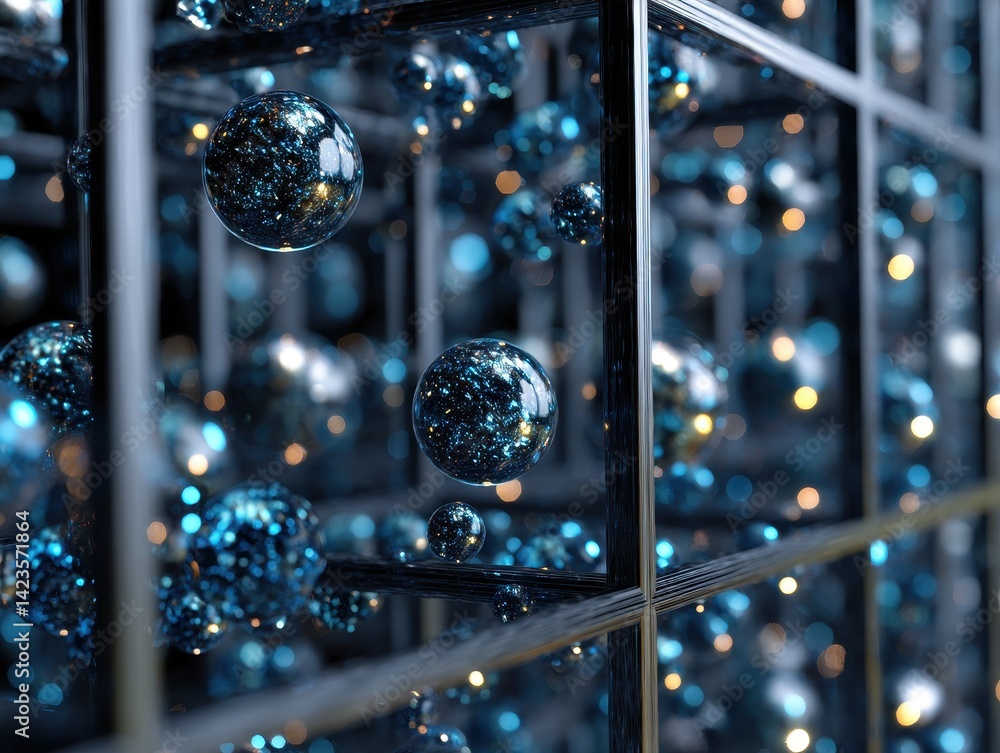 Floating orbs with starlight patterns encased within a grid, creating a mesmerizing display of cosmic beauty and structured elegance.