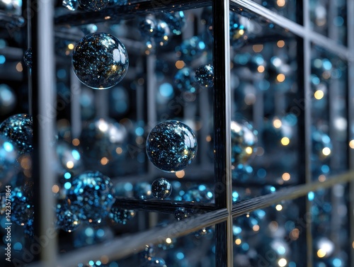 Obraz na płótnie Floating orbs with starlight patterns encased within a grid, creating a mesmerizing display of cosmic beauty and structured elegance. w salonie