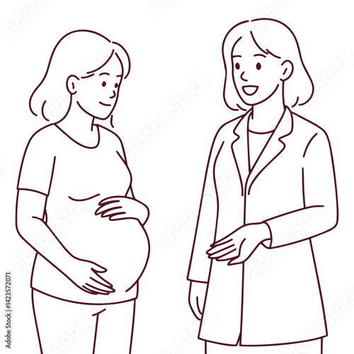Black and white image of pregnant woman talking to female doctor. Calm prenatal checkup and professional communication between patient and physician