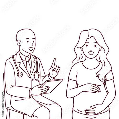 Black and white drawing of seated male doctor advising pregnant woman. Prenatal consultation moment between healthcare provider and expecting patient