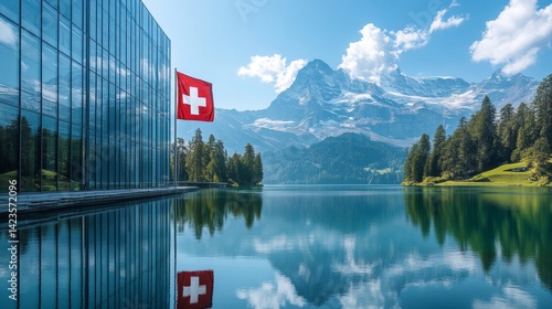 Modern glass building with Swiss flag reflecting on alpine lake, representing financial stability, banking security and Swiss precision in architecture.