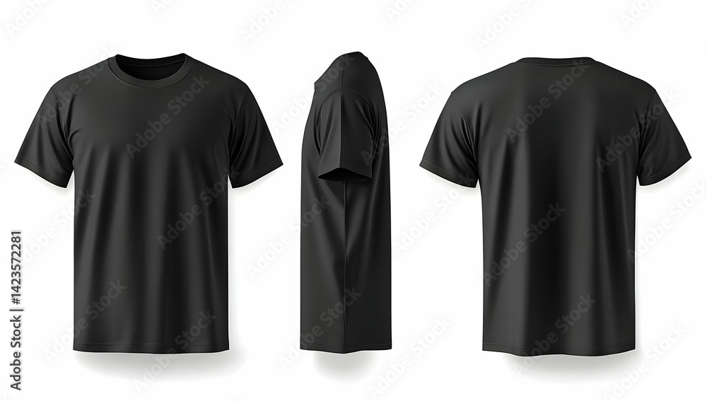 A stylish black t-shirt displayed from various angles, perfect for casual wear or as a blank canvas for custom designs and branding opportunities. A stylish black t-shirt displayed from various angles, perfect for casual wear or as a blank canvas for custom designs and branding opportunities.