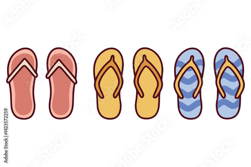 Three pairs of colorful sandals and flip flops arranged in a row, representing casual summer footwear