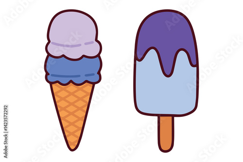Two frozen desserts with pastel topping and chocolate shell, including cone and popsicle for summer snacking