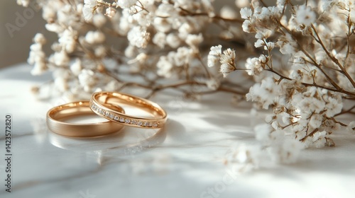 Wedding rings, marble, flowers, sunlight, romance