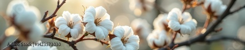 Dense cluster of white cotton bolls, delicate petals, fluffy, detail