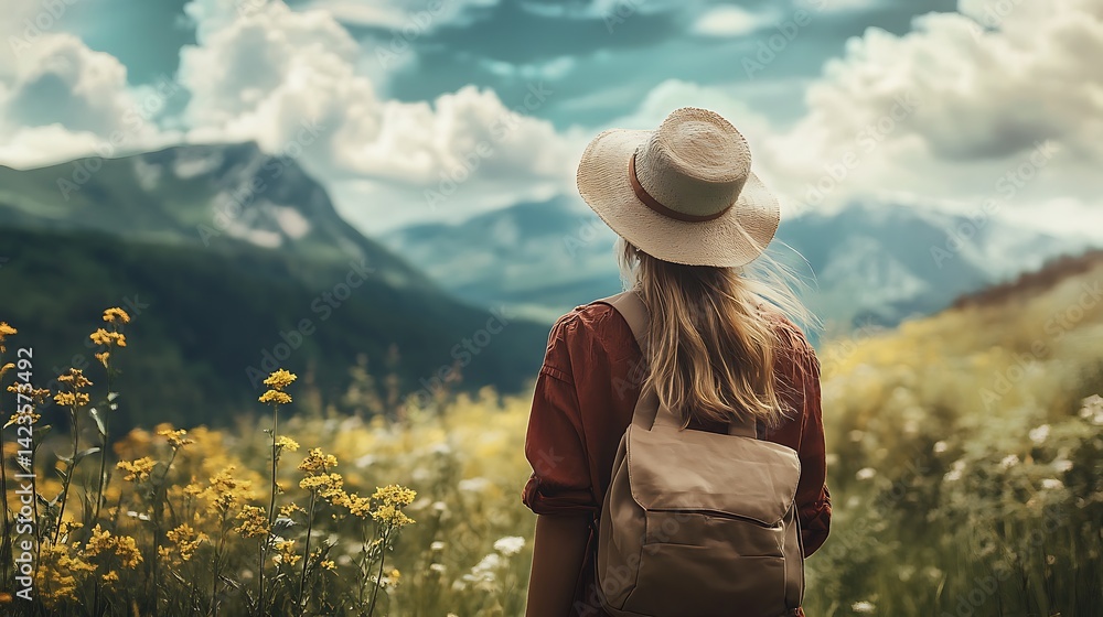 Woman gazing at mountain vista on hiking trip Woman gazing at mountain vista on hiking trip