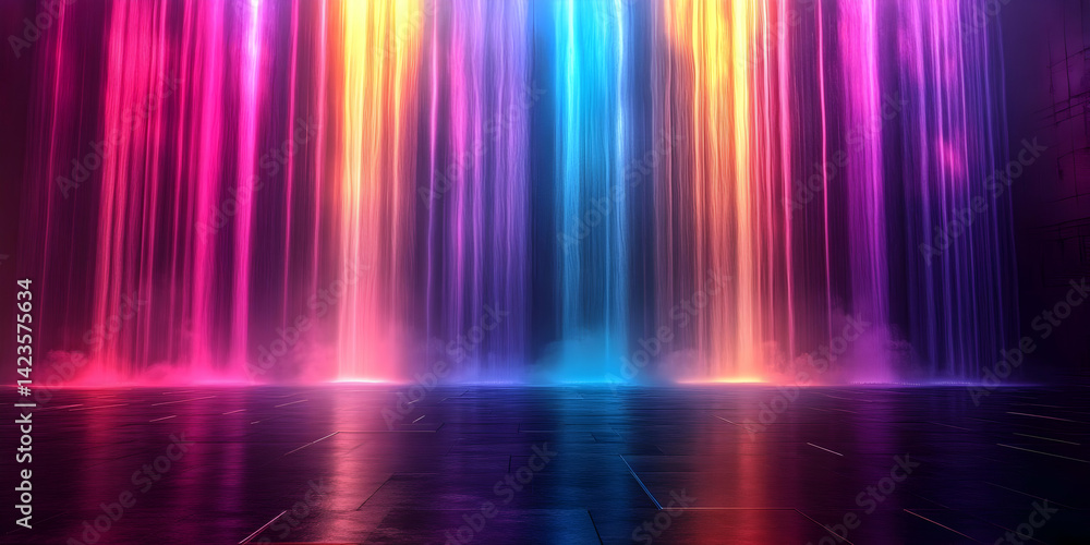 A vibrant display of colorful light beams cascading downwards, creating a mesmerizing waterfall effect. Perfect for backgrounds and artistic designs. A vibrant display of colorful light beams cascading downwards, creating a mesmerizing waterfall effect. Perfect for backgrounds and artistic designs.