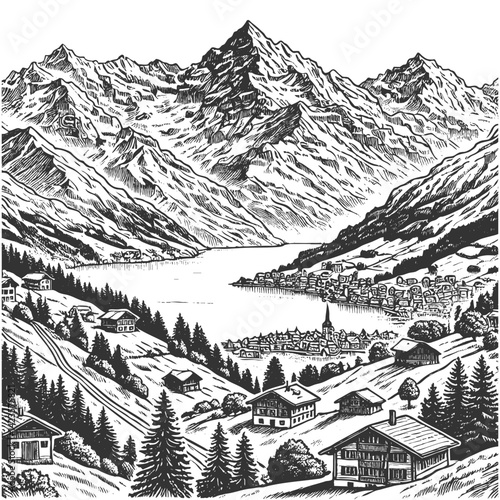 alpine cabins near a river, surrounded by pine forests and majestic mountain peaks sketch engraving generative ai fictional character vector illustration. Scratch board imitation. Black and white.