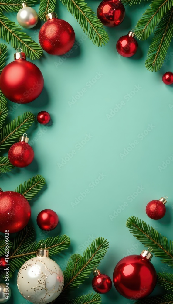 Festive red, green & white Christmas ornaments and branches border , celebration, berries Festive red, green & white Christmas ornaments and branches border , celebration, berries