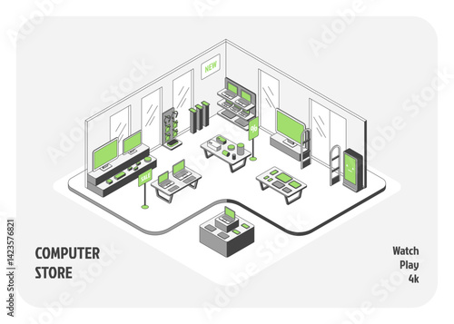 Technology Computer Store Interior Inside 3d Isometric View. Vector illustration of Shop with Smartphone, Laptop and Other Gadget