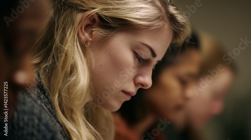 Close-up of a young woman with blond hair, profile view, eyes downcast, suggesting contemplation or concentration.  Captures a moment of quiet reflection