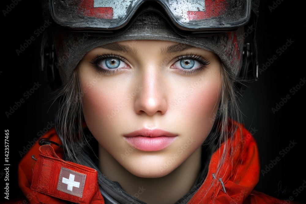 A hyper realistic portrait of a Red Cross paramedic face, dirt-covered but determined, during a disaster mission A hyper realistic portrait of a Red Cross paramedic face, dirt-covered but determined, during a disaster mission