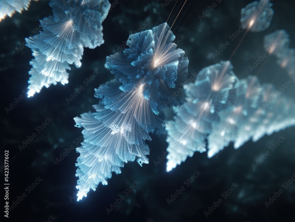 Elegant blue abstract shapes cascading in layers, radiating a soft, ethereal glow against a dark, moody backdrop.