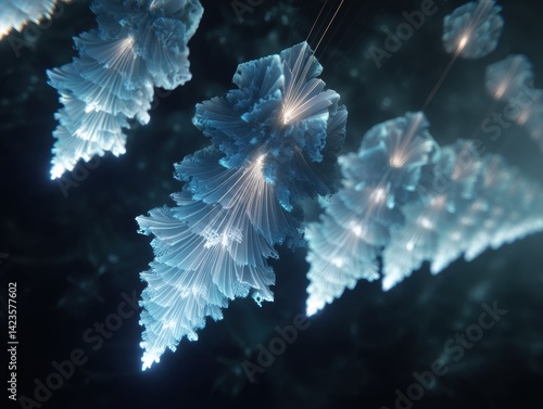 Obraz na płótnie Elegant blue abstract shapes cascading in layers, radiating a soft, ethereal glow against a dark, moody backdrop. w salonie