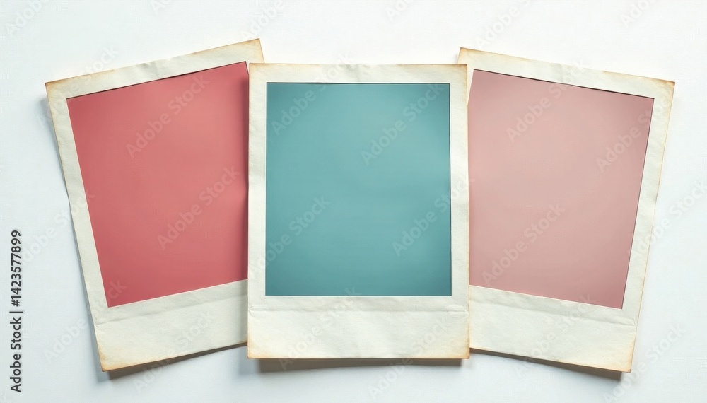 Fototapeta premium Overlapping Polaroid photo frames, antique & contemporary, white backdrop, classic, picture frame, old