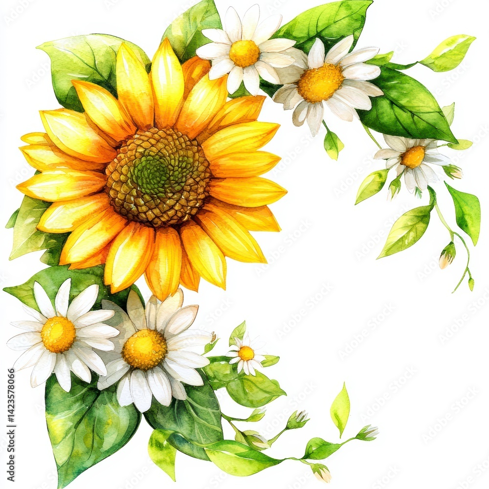 Naklejka premium Watercolor Sunflower and Daisies Corner Border