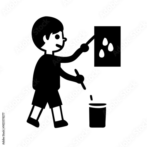Black and white icon of a child painting with brush, creative activity concept on white background

