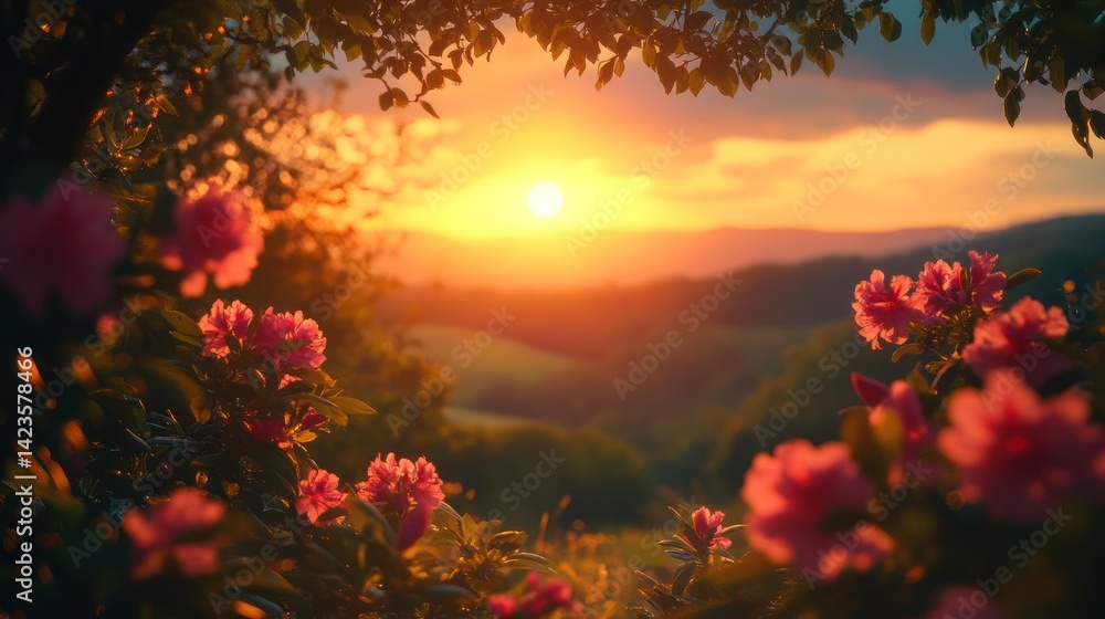 Fototapeta premium Sunset blooms frame mountain view