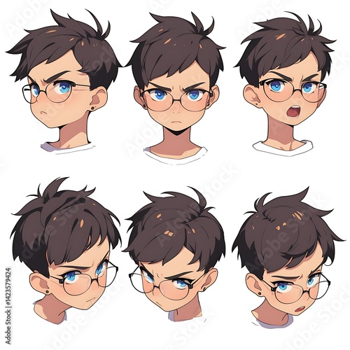 Six Pixelated Facial Expressions of a Young Man With Glasses and Short Brown Hair