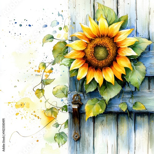 Watercolor Sunflower on Rustic Wooden Door