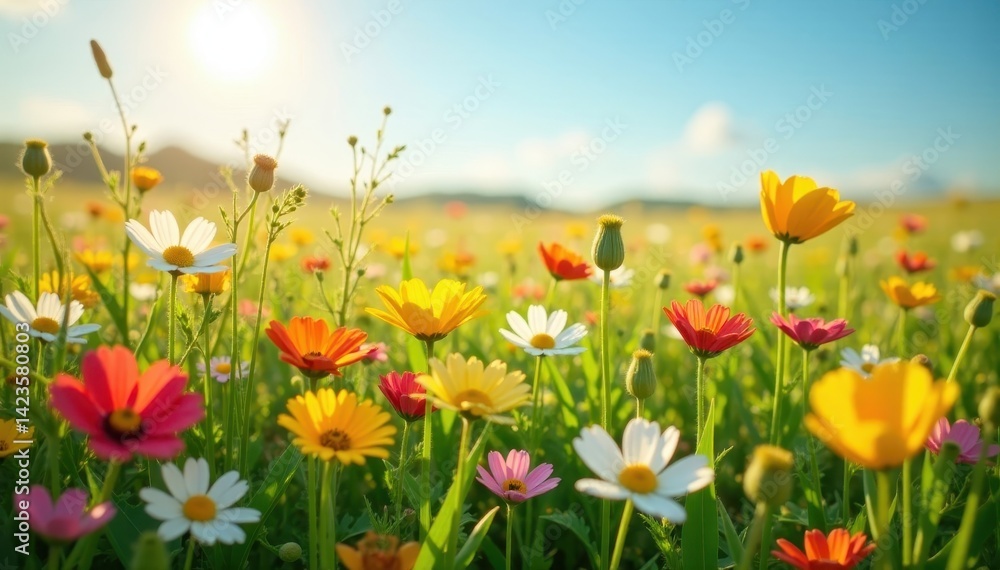 Sun-drenched field of diverse summer wildflowers, flower texture, wildflower field, colorful flora Sun-drenched field of diverse summer wildflowers, flower texture, wildflower field, colorful flora