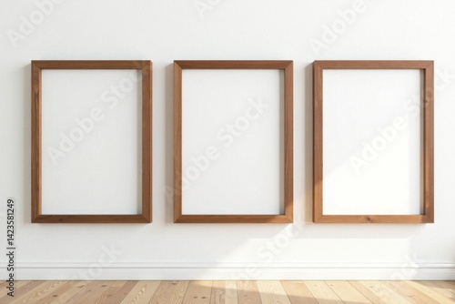 Three empty rustic wooden frames on white wall, aesthetic, woodgrain, brown