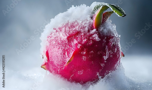 A vibrant pink dragon fruit resting on a snowy surface, surrounded by a serene winter landscape