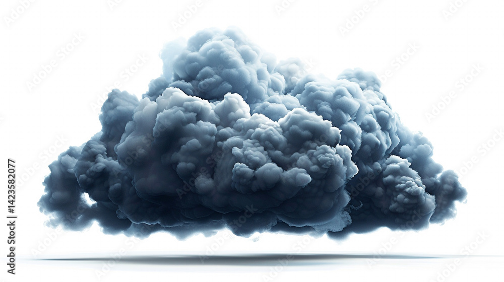 A dramatic, dark storm cloud with intricate, billowing formations is isolated against a bright white background, evoking a sense of impending weather A dramatic, dark storm cloud with intricate, billowing formations is isolated against a bright white background, evoking a sense of impending weather