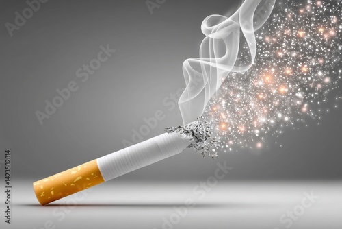 Close-up of a cigarette butt crushed on a powerful anti-smoking poster