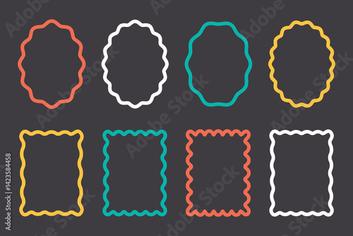 Set of rectangular and oval frames with wavy edges. Rectangular frames with wavy borders. Vector vintage frames for photos, text boxes, labels.