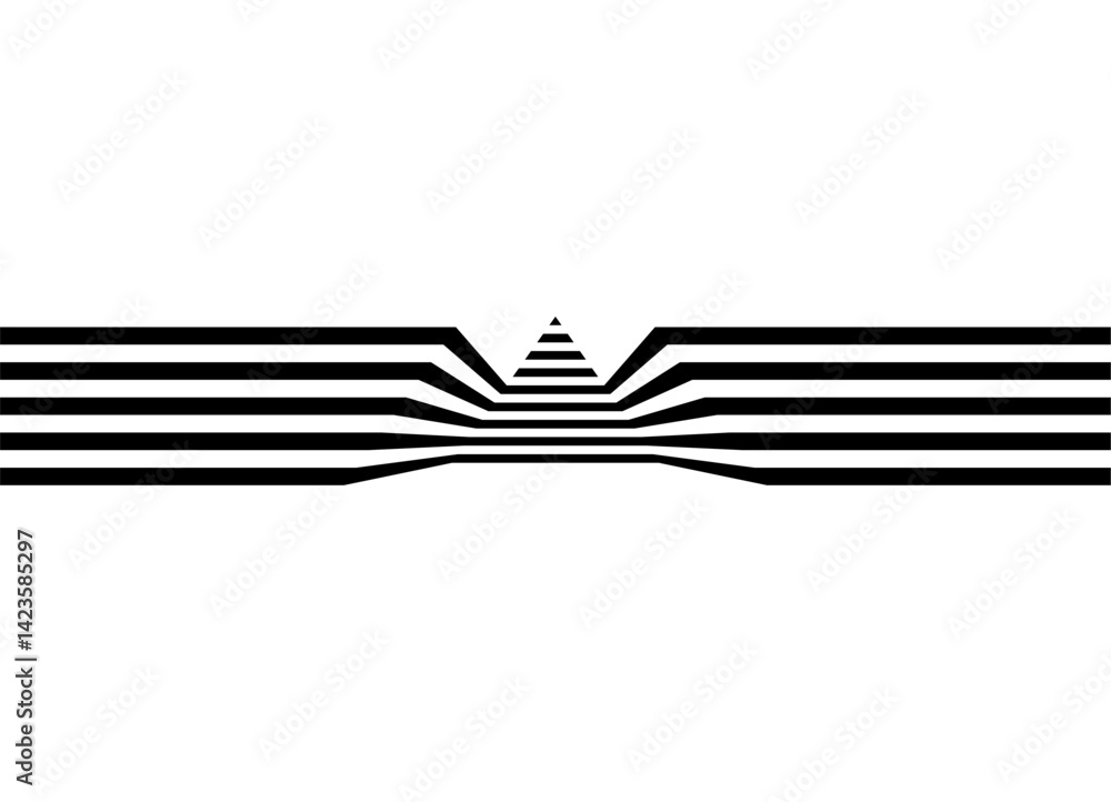 Modern vector pattern of black broken lines converging to the center in a triangle. Design element. Abstract vector background. Optical. effect op art. logo Border for advertising, packaging, announce Modern vector pattern of black broken lines converging to the center in a triangle. Design element. Abstract vector background. Optical. effect op art. logo Border for advertising, packaging, announce