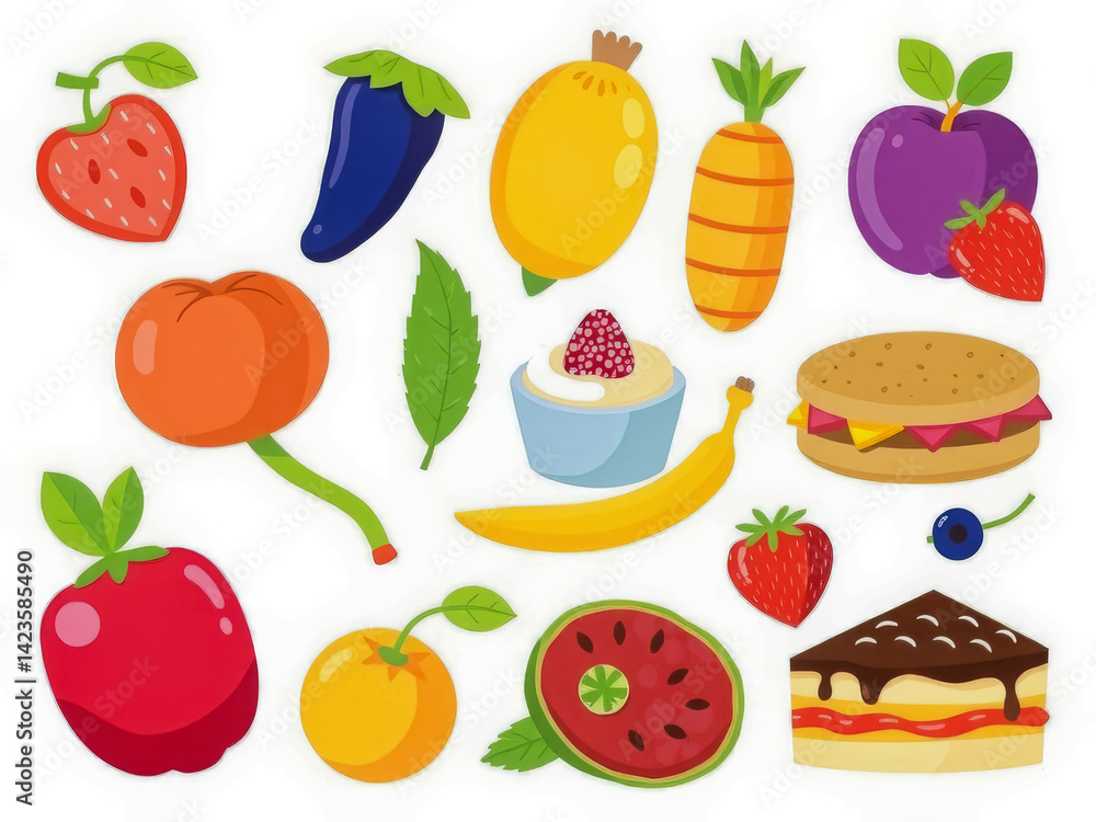 A collection of fruits and vegetables, including bananas, strawberries, and carrots. Concept of health and wellness, as well as the importance of a balanced diet