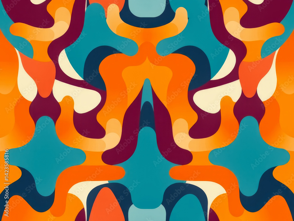 A colorful abstract design with orange, blue, and green shapes. The design is full of curves and lines, giving it a dynamic and energetic feel. The colors and shapes seem to be in motion