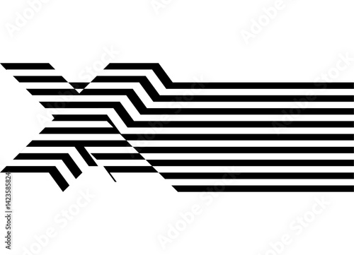 Volumetric vector letter X of black parallel broken lines on a white background. Modern striped pattern in retro style. Direction indicator, navigation. pointer Vector background. 3 d. op art.