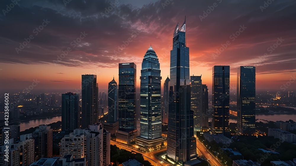 Fototapeta premium Chicago's urban skyline displays a vibrant sunset over its architecture and buildings