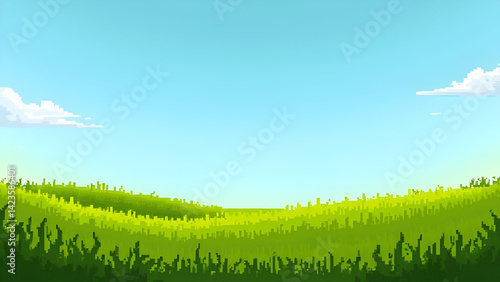 Pixel Art Landscape of Green Field and Blue Sky