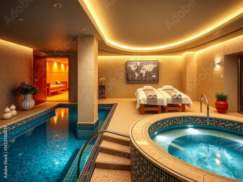 Obraz na płótnie A luxurious spa with a pool and a hot tub. The pool is surrounded by a beautiful garden with flowers and plants. The hot tub is located in the center of the room, and there are two beds in the room w salonie