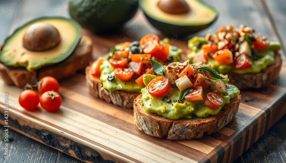 Fresh Avocado Toast Topped With Chopped Tomatoes And Nuts On A Wooden Serving Board Fresh Avocado Toast Topped With Chopped Tomatoes And Nuts On A Wooden Serving Board