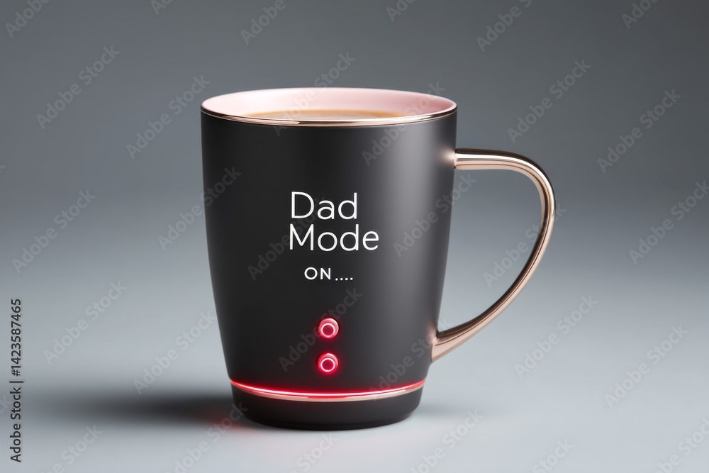 Smart coffee mug with glowing LED screen that says â€œDad Mode: Onâ€
