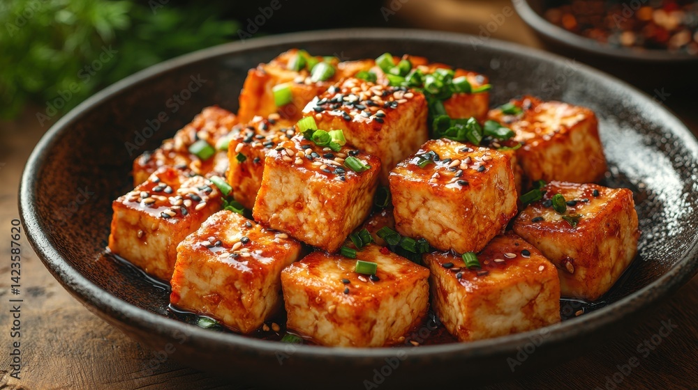 Pan-fried tofu cubes in a savory sauce, garnished with sesame seeds and green onions. Pan-fried tofu cubes in a savory sauce, garnished with sesame seeds and green onions.