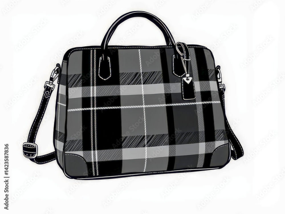 A black and white plaid bag with a silver zipper. The bag is made of leather and has a black strap