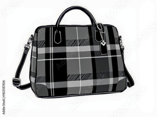 Obraz na płótnie A black and white plaid bag with a silver zipper. The bag is made of leather and has a black strap w salonie