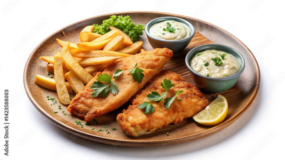 Surreal Fish and Chips: Dreamy Rustic Plate, Tartar Sauce, Whimsical Food Photography Surreal Fish and Chips: Dreamy Rustic Plate, Tartar Sauce, Whimsical Food Photography