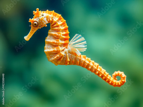 Obraz na płótnie A small orange sea horse is flying through the water. The image has a playful and whimsical mood, as the sea horse is not a typical sea creature w salonie