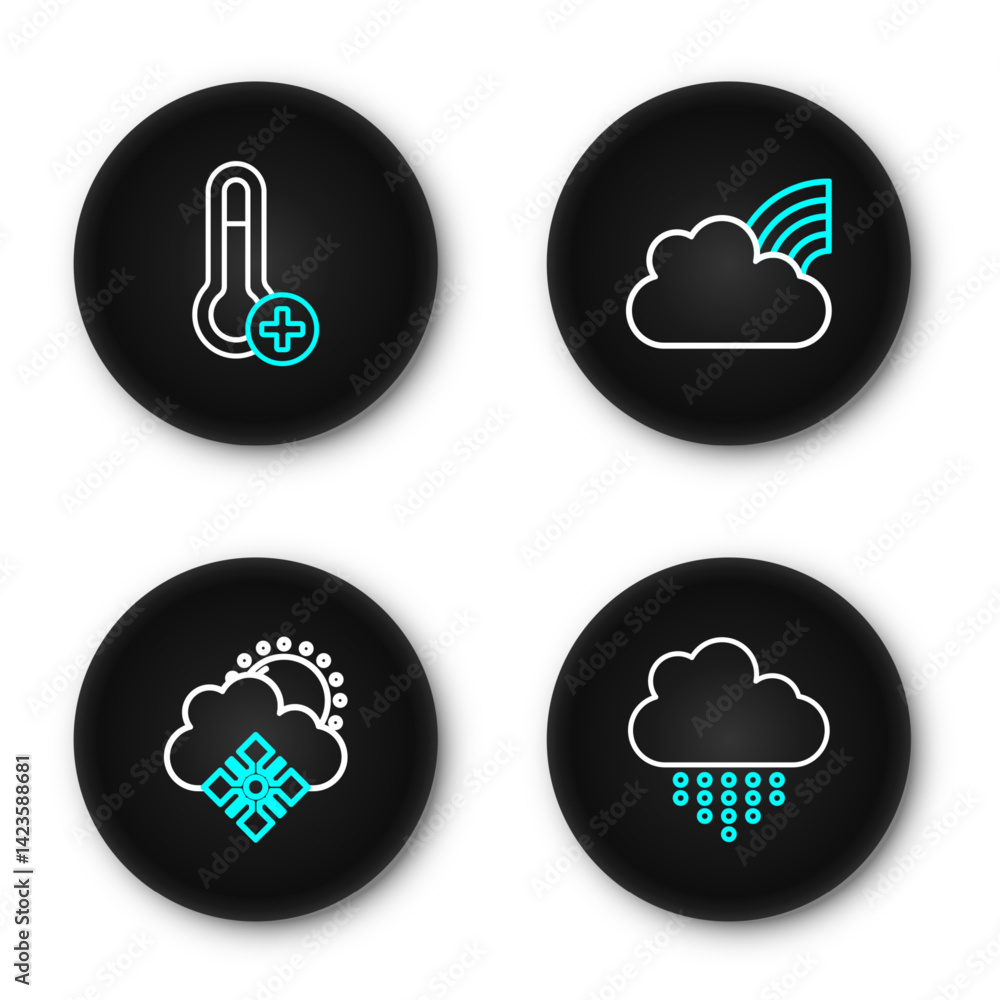 Set line Cloud with rain, snow and sun, Rainbow clouds and Meteorology thermometer icon. Vector Set line Cloud with rain, snow and sun, Rainbow clouds and Meteorology thermometer icon. Vector