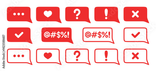 Vector speech bubble icons set. Red dialog rectangle clouds.